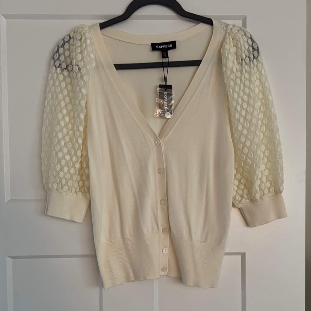 Express Cream Cardigan with Sheer Textured Sleeves